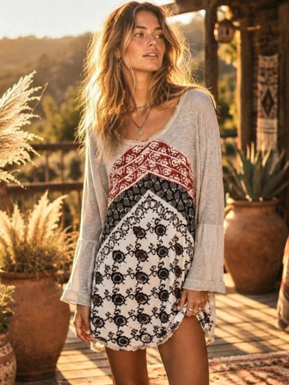 Free People Mixed Media Paisley Argyle V-Neck Sweatshirt Tunic Gray & Red